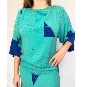 80’s Turquoise Silk Jacquard Abstract Triangle Dress